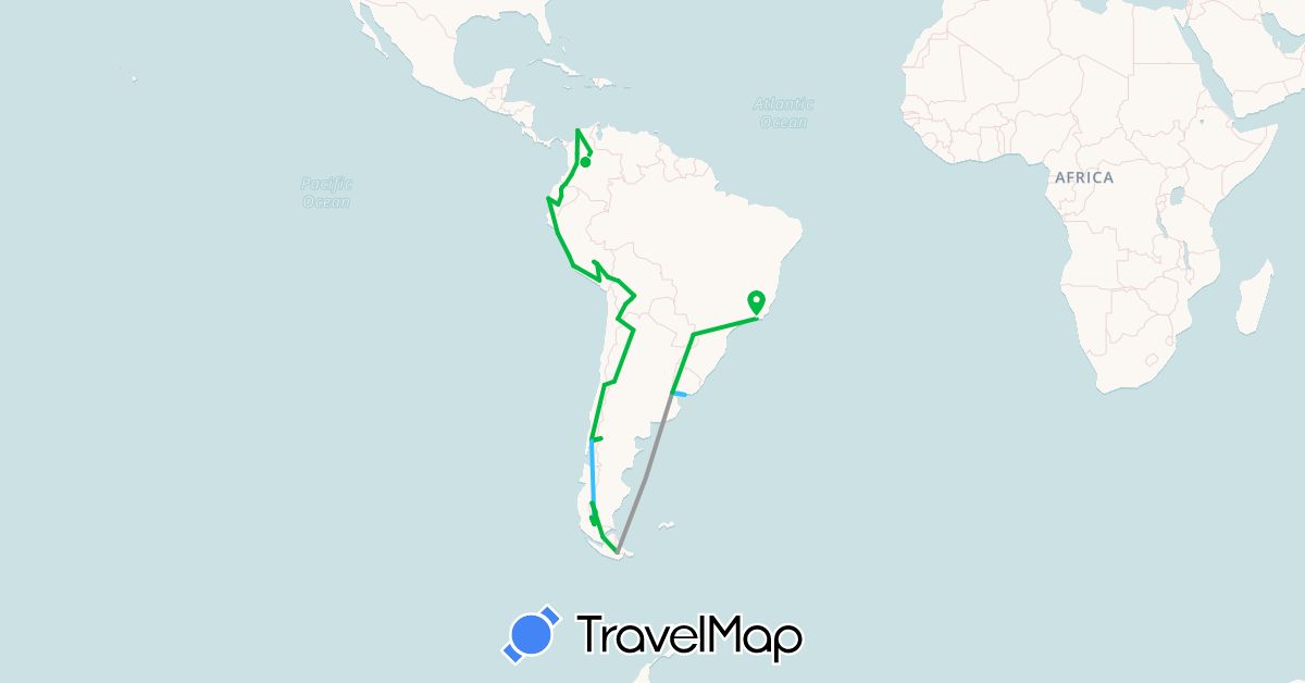 TravelMap itinerary: driving, bus, plane, boat in Argentina, Bolivia, Brazil, Chile, Colombia, Ecuador, Peru, Uruguay (South America)